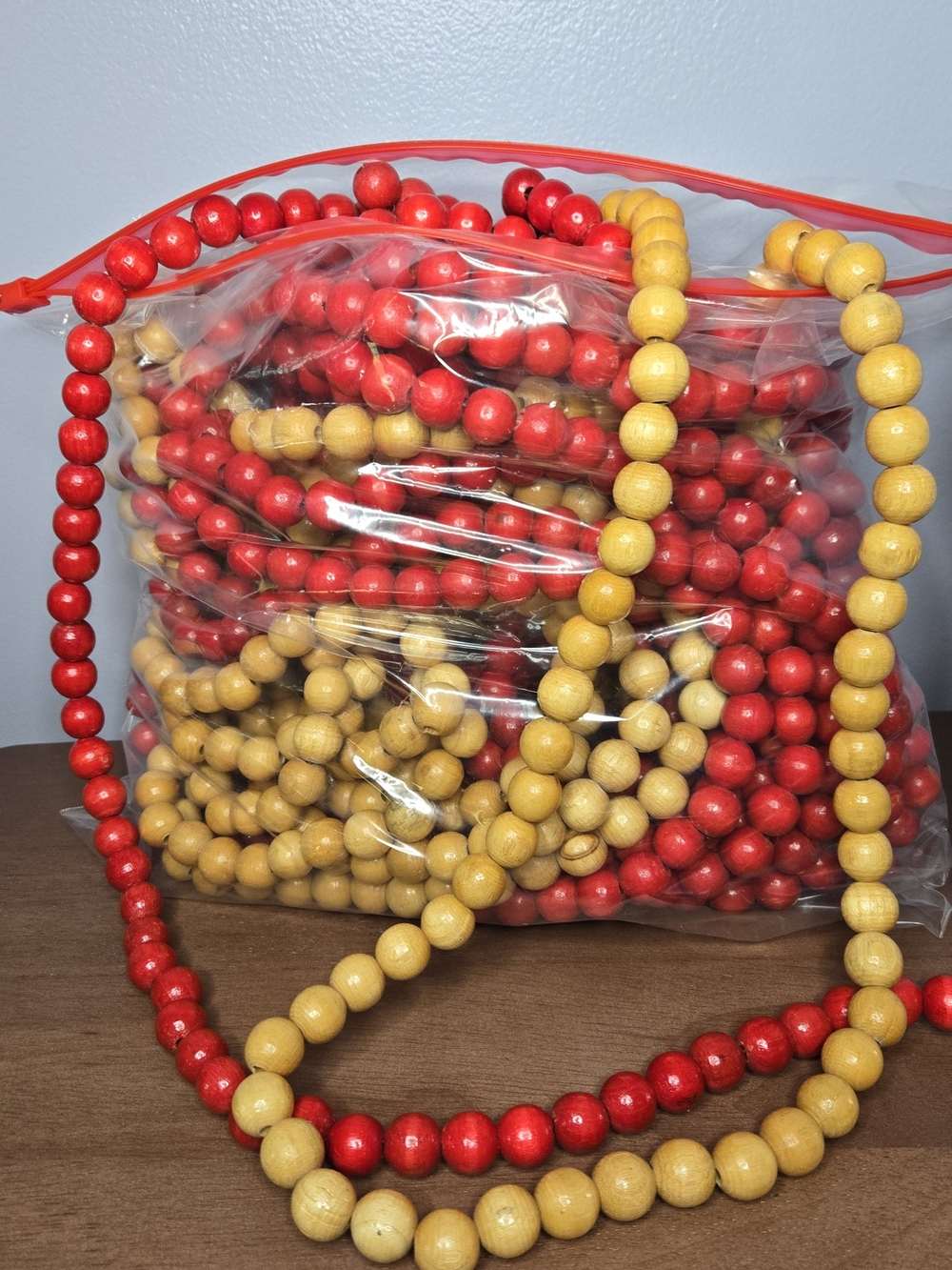 Red and Natural Wooden Bead Garland Set, Six 9 Foot Strands